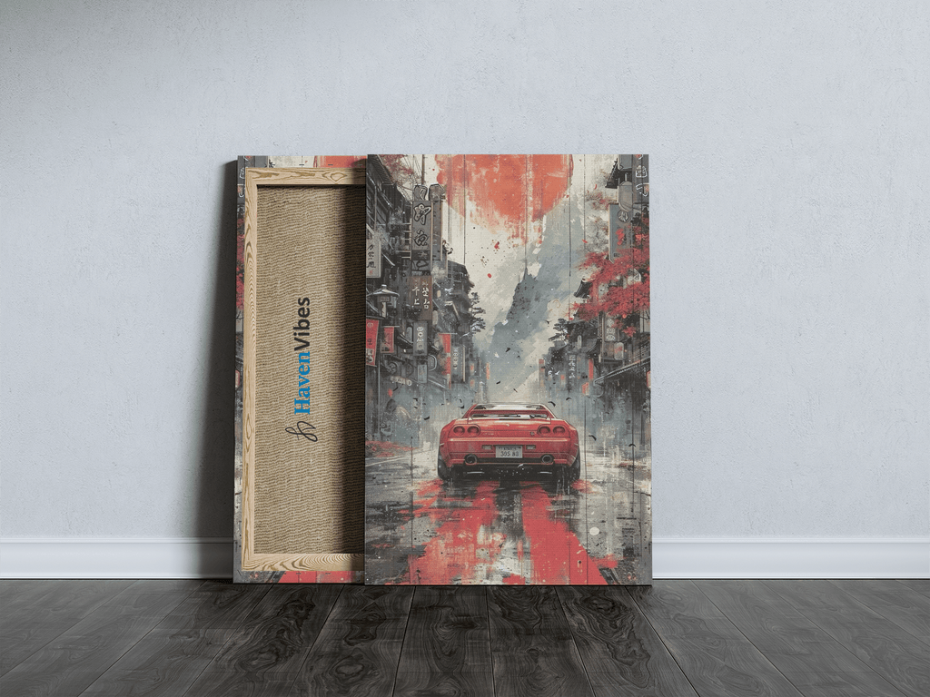 Red Sports Car in Neon Tokyo Street Canvas Wall Art - HavenVibes