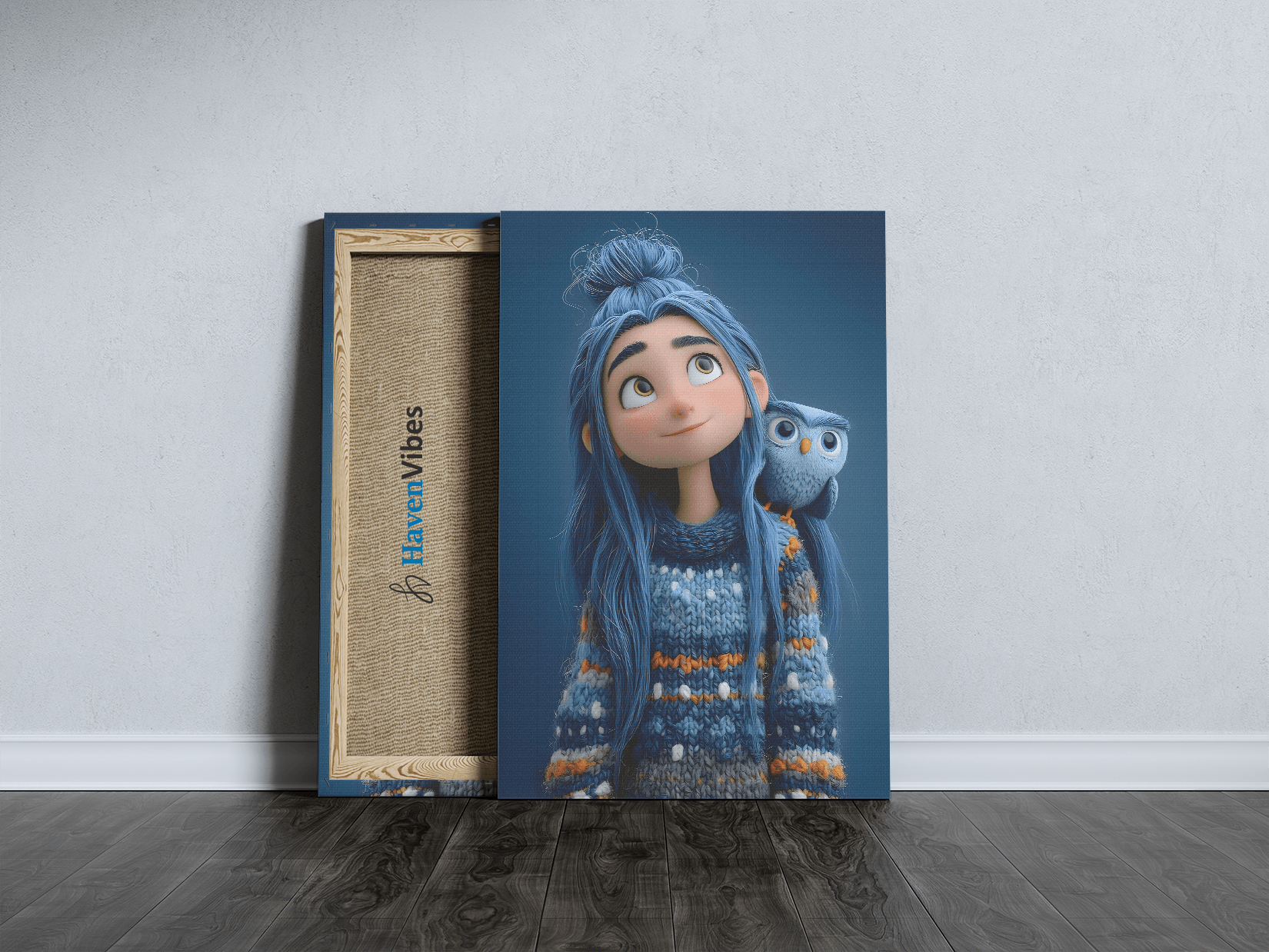Blue Haired Girl with Owl Canvas Wall Art - HavenVibes
